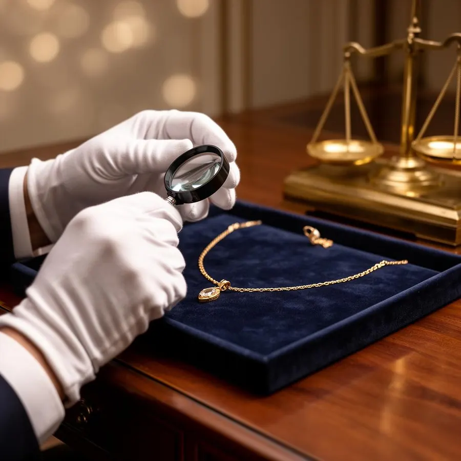Taxateur beoordeelt gouden ketting met loep en weegschaal voor klanten uit Baarn